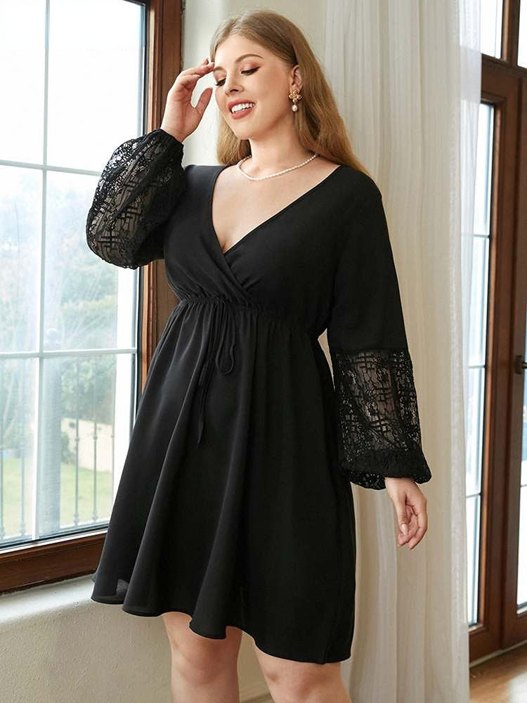 JuliaFashion-Lace Patchwork Long Lantern Sleeve Mini Dress