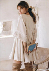 JuliaFashion-Beige Vintage Bohemian Style Mini Dress