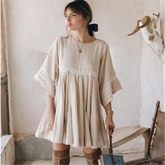 JuliaFashion-Beige Vintage Bohemian Style Mini Dress