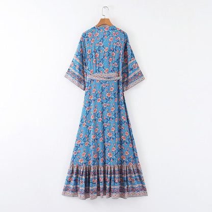 JuliaFashion-Blue Floral Three Quarter Sleeve Bohemian Dress