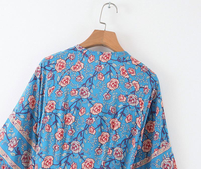 JuliaFashion-Blue Floral Three Quarter Sleeve Bohemian Dress