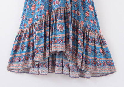 JuliaFashion-Blue Floral Three Quarter Sleeve Bohemian Dress