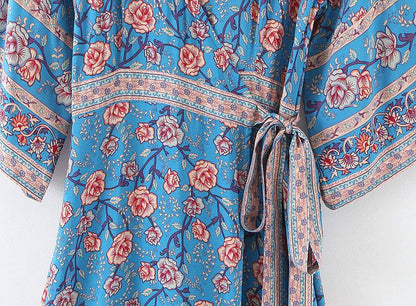 JuliaFashion-Blue Floral Three Quarter Sleeve Bohemian Dress