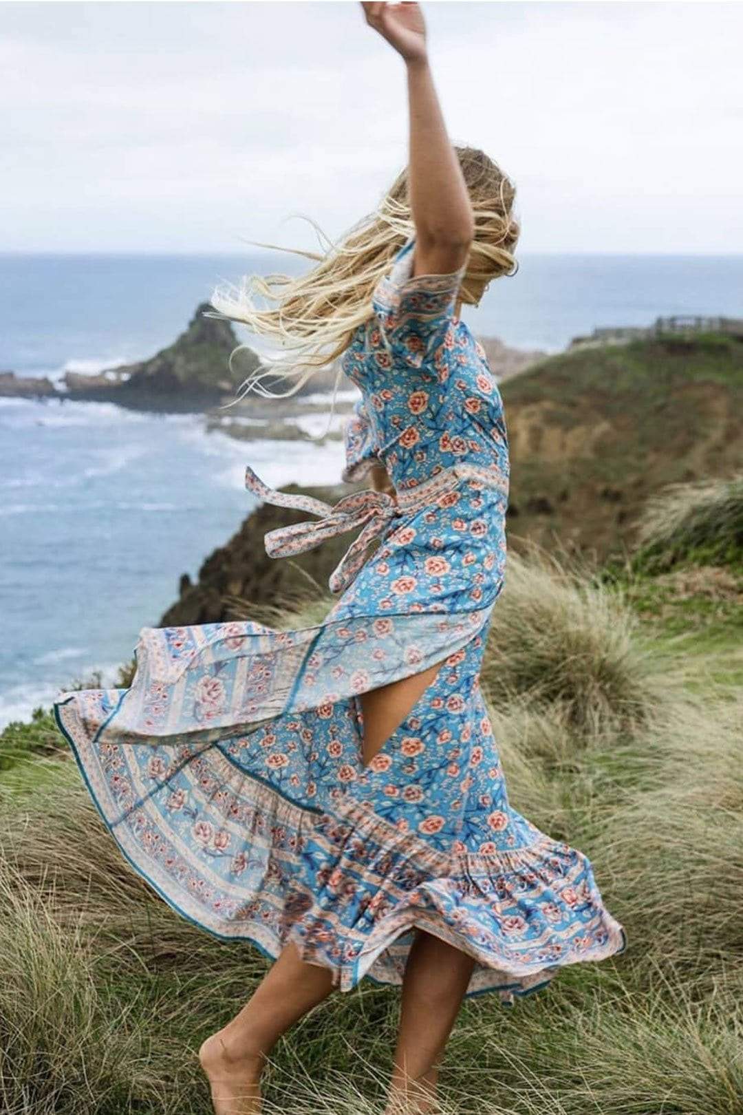 JuliaFashion-Blue Floral Three Quarter Sleeve Bohemian Dress