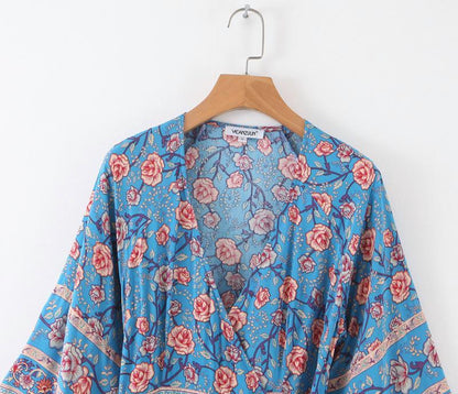 JuliaFashion-Blue Floral Three Quarter Sleeve Bohemian Dress