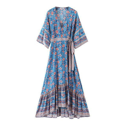 JuliaFashion-Blue Floral Three Quarter Sleeve Bohemian Dress