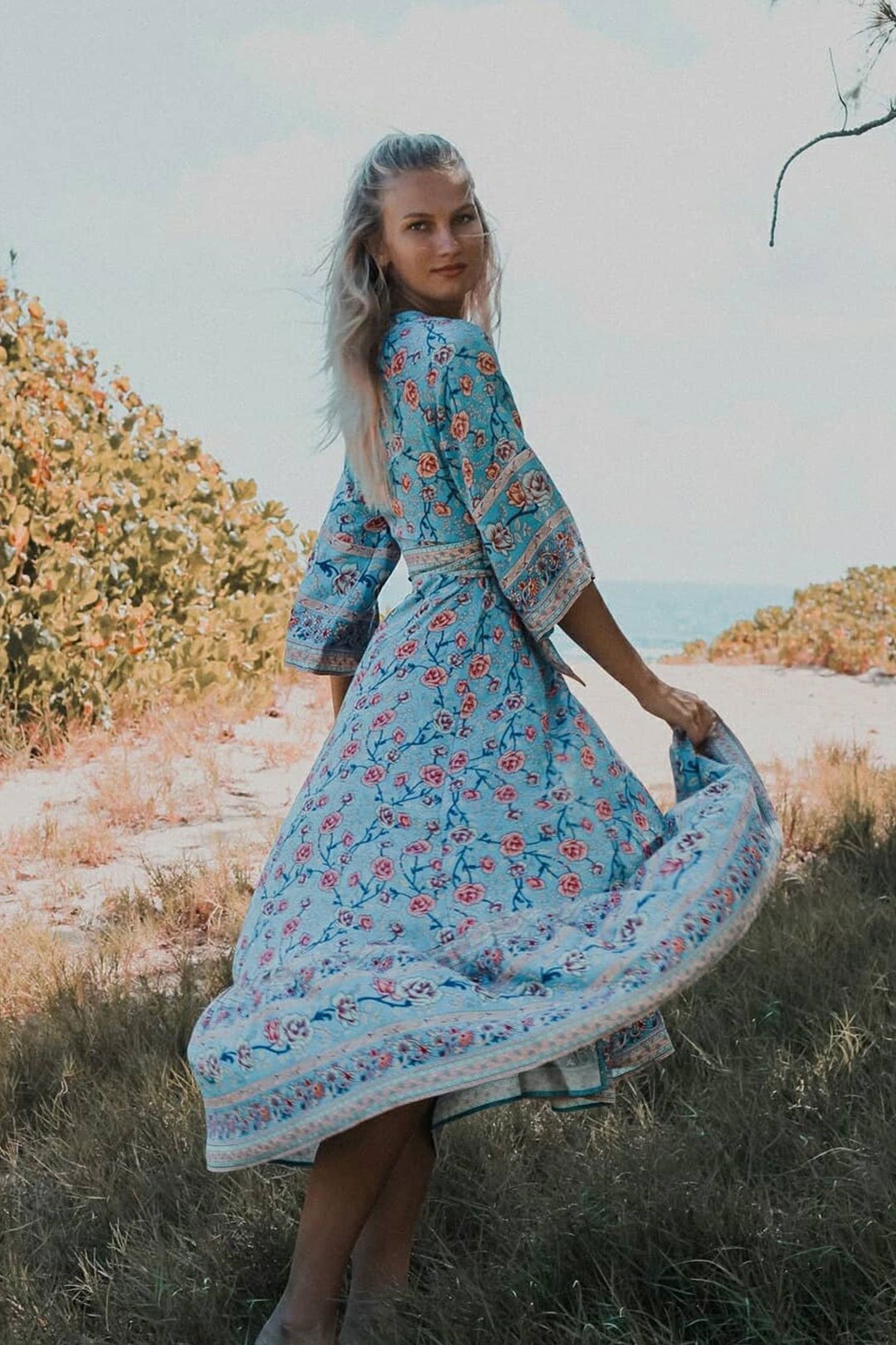 JuliaFashion-Blue Floral Three Quarter Sleeve Bohemian Dress