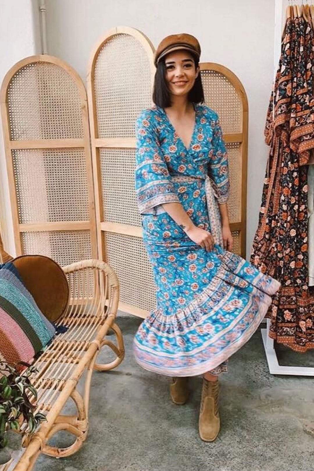 JuliaFashion-Blue Floral Three Quarter Sleeve Bohemian Dress