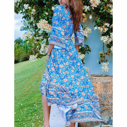 JuliaFashion-Blue Floral Three Quarter Sleeve Bohemian Dress