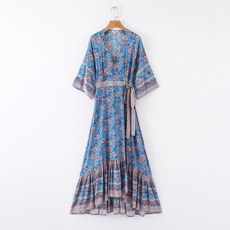 JuliaFashion-Blue Floral Three Quarter Sleeve Bohemian Dress