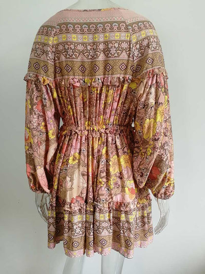 JuliaFashion-Blush Floral Print Long Sleeve Dress