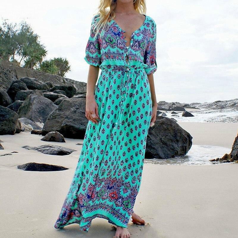 JuliaFashion-Bohemian Ethnic Patterns Sexy Maxi Dress