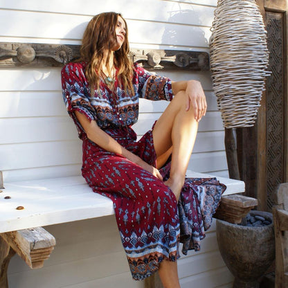 JuliaFashion-Bohemian Ethnic Patterns Sexy Maxi Dress