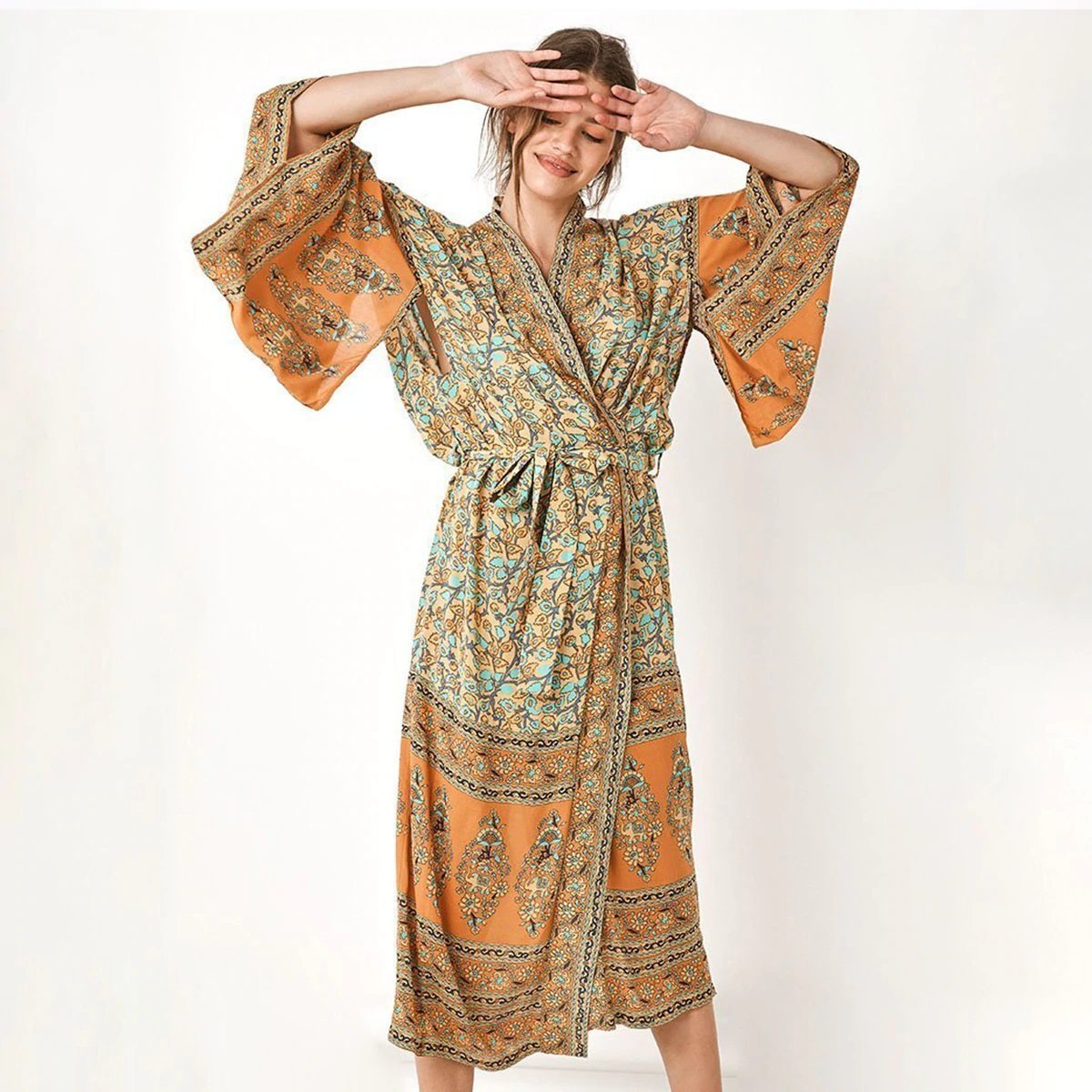 JuliaFashion-Bohemian Floral Kimono Dress