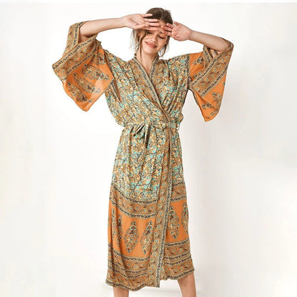 JuliaFashion-Bohemian Floral Kimono Dress