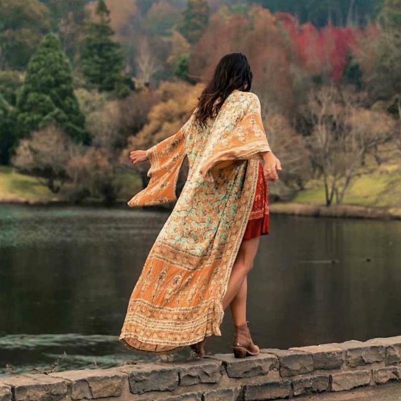 JuliaFashion-Bohemian Floral Kimono Dress