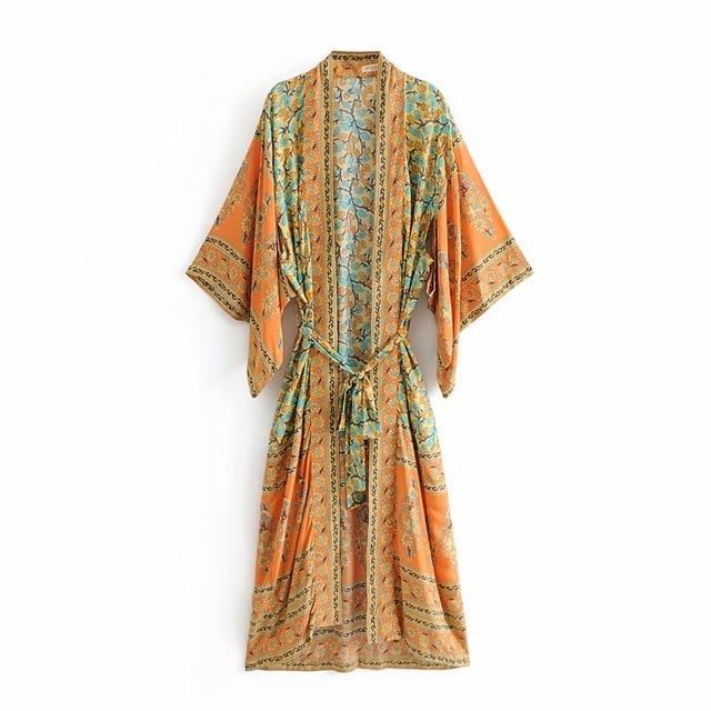 JuliaFashion-Bohemian Floral Kimono Dress