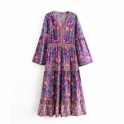 JuliaFashion-Bohemian V-Neck Flare Sleeve Pleated Maxi Dress