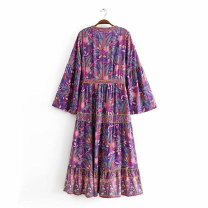 JuliaFashion-Bohemian V-Neck Flare Sleeve Pleated Maxi Dress