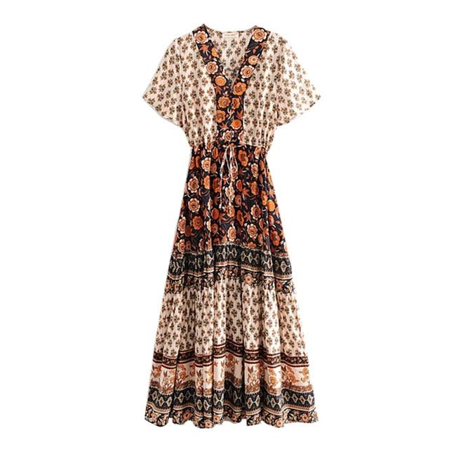 JuliaFashion-Boho Chic Floral Print Bat Sleeve Maxi Dress