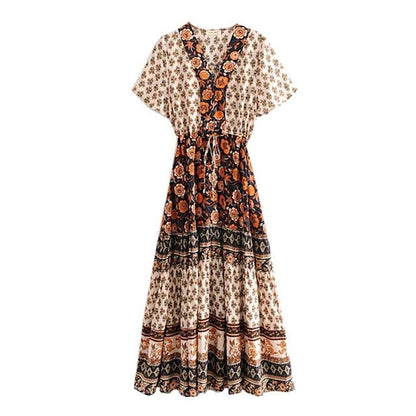 JuliaFashion-Boho Chic Floral Print Bat Sleeve Maxi Dress