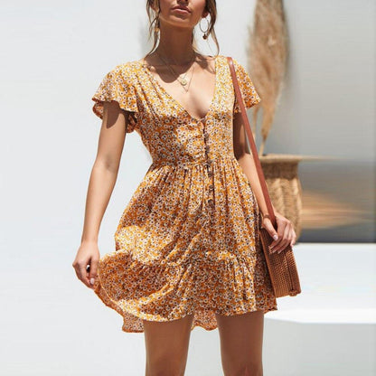 JuliaFashion-Boho Floral Button Yellow-White Sundress