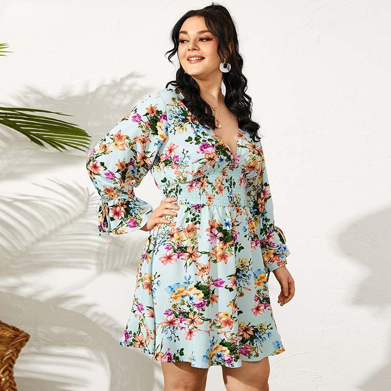 JuliaFashion-Long Sleeve V-Neck Sexy Floral Printed Mini Sundress