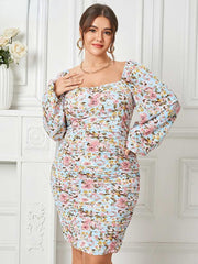 JuliaFashion-Long Puff Sleeve Square Neck Print Mini Sundress