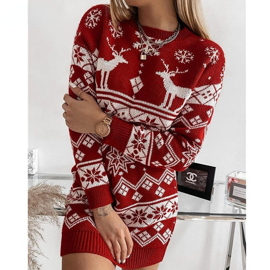 JuliaFashion-Christmas Theme Ladies New Sweater Elk Snowflake Christmas Jacquard Knitted Dress