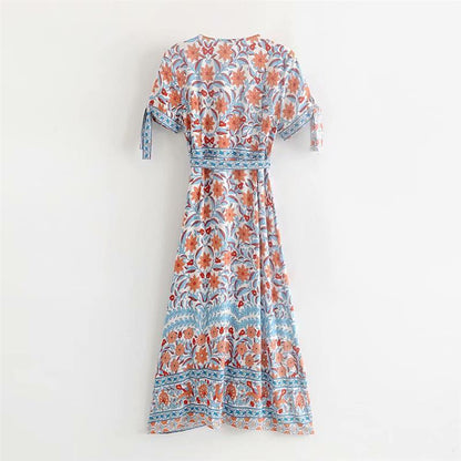 JuliaFashion-Deep V Neck Wrap Gypsy Boho Dress