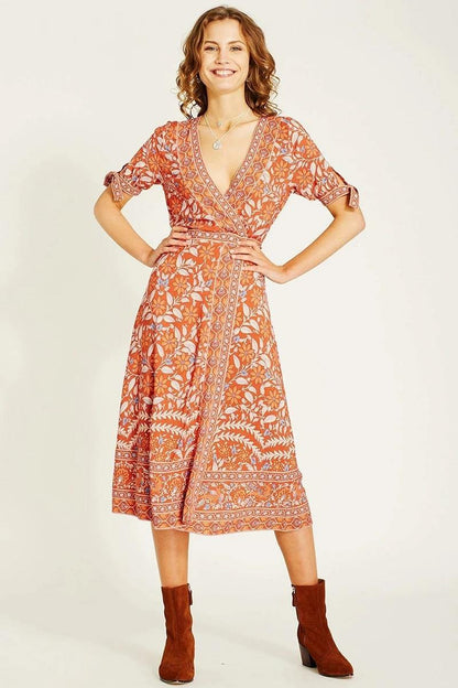 JuliaFashion-Deep V Neck Wrap Gypsy Boho Dress