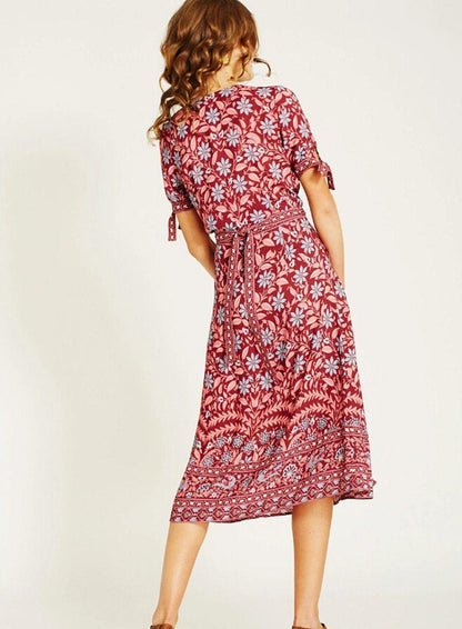 JuliaFashion-Deep V Neck Wrap Gypsy Boho Dress