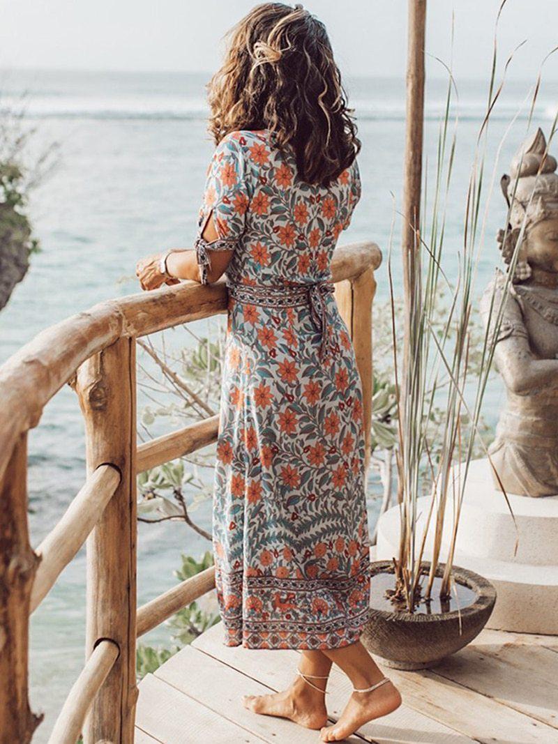 JuliaFashion-Deep V Neck Wrap Gypsy Boho Dress