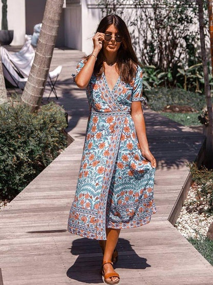 JuliaFashion-Deep V Neck Wrap Gypsy Boho Dress