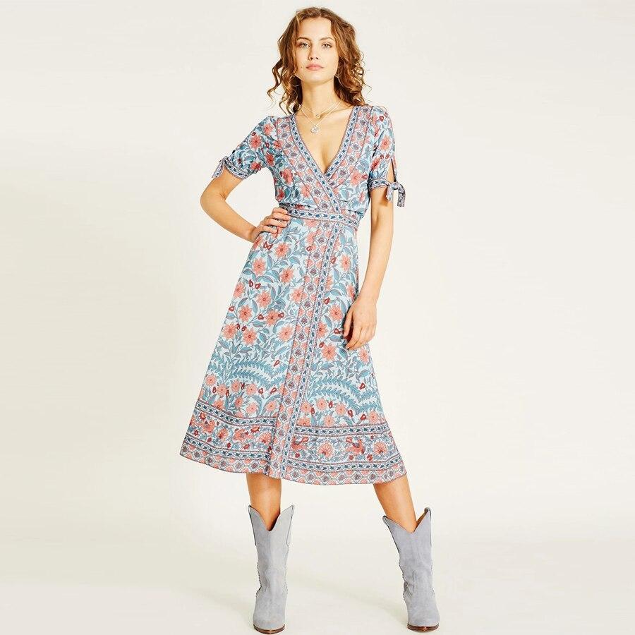 JuliaFashion-Deep V Neck Wrap Gypsy Boho Dress