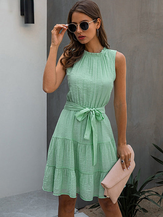 JuliaFashion - 2024  Solid Color Ruched Bow Short Party Beach Dress