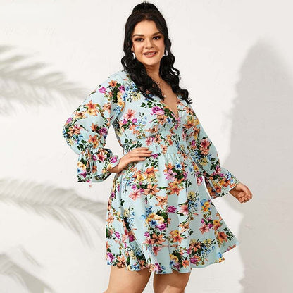 JuliaFashion-Long Sleeve V-Neck Sexy Floral Printed Mini Sundress