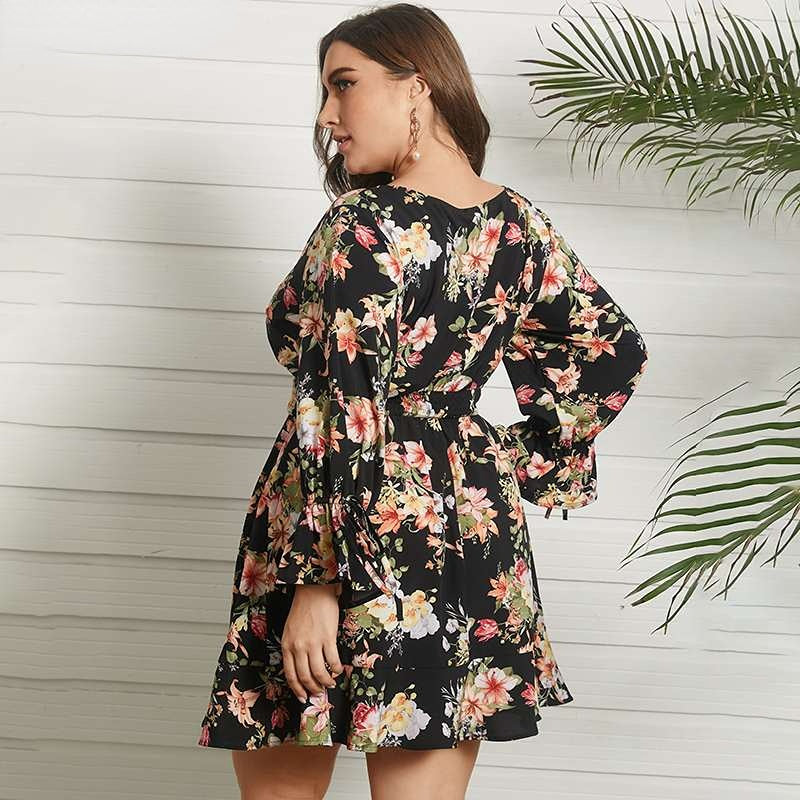 JuliaFashion-Long Sleeve V-Neck Sexy Floral Printed Mini Sundress