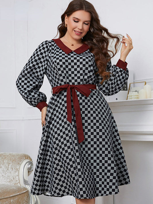 JuliaFashion-Plaid A-line Long Sleeve Lace Up Casual Office Dress