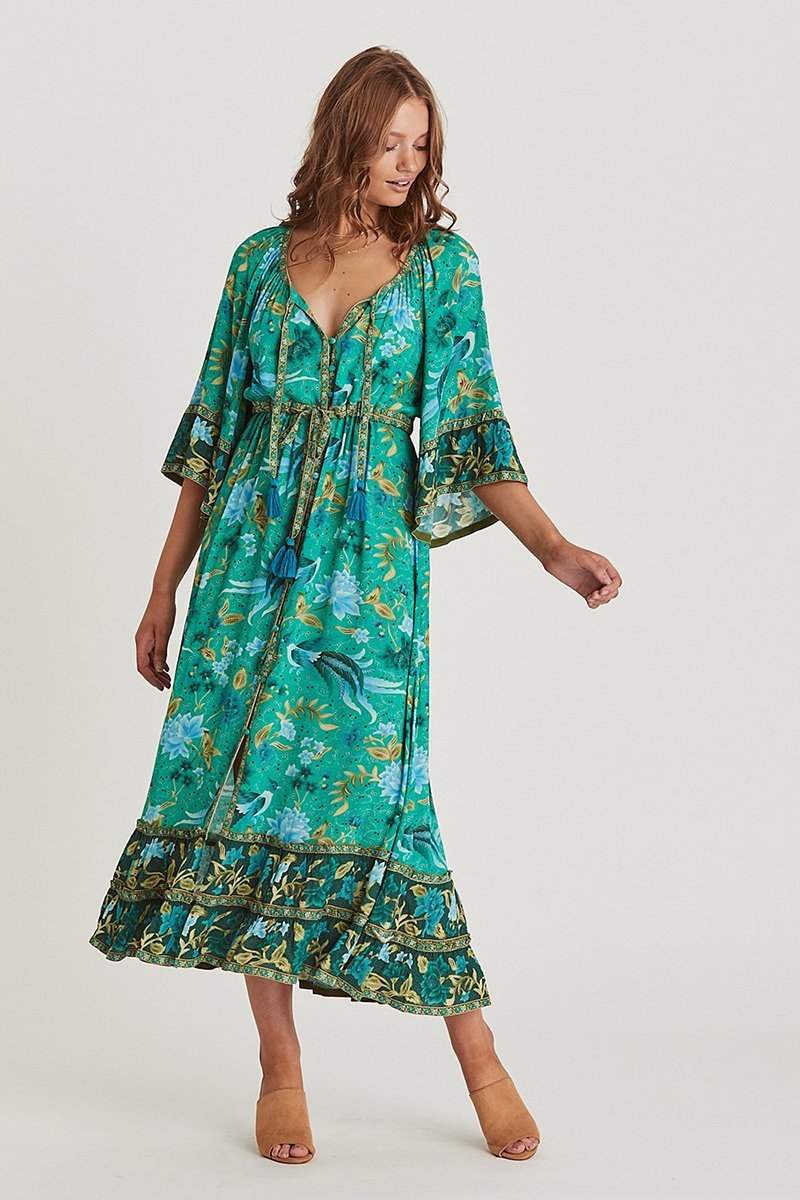 JuliaFashion-Flare Sleeve Bohemian Maxi Dress