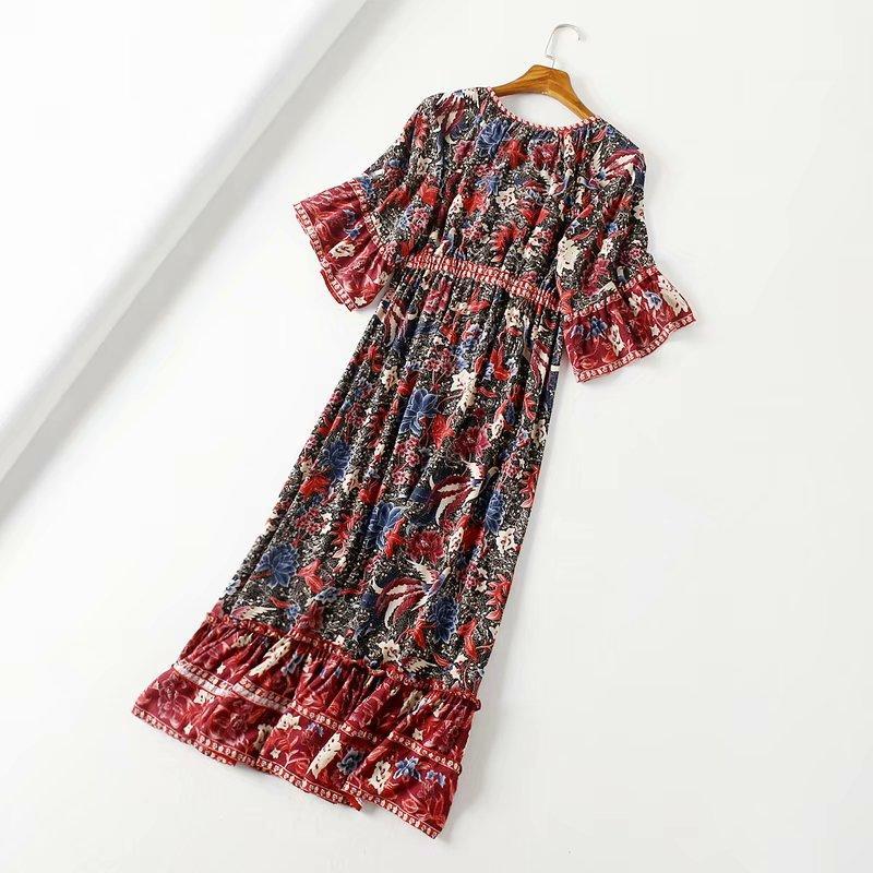 JuliaFashion-Flare Sleeve Bohemian Maxi Dress