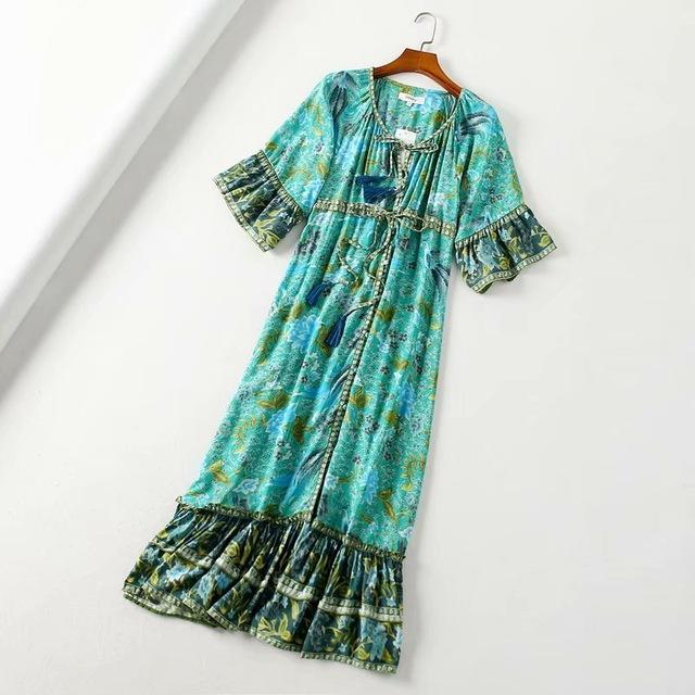 JuliaFashion-Flare Sleeve Bohemian Maxi Dress