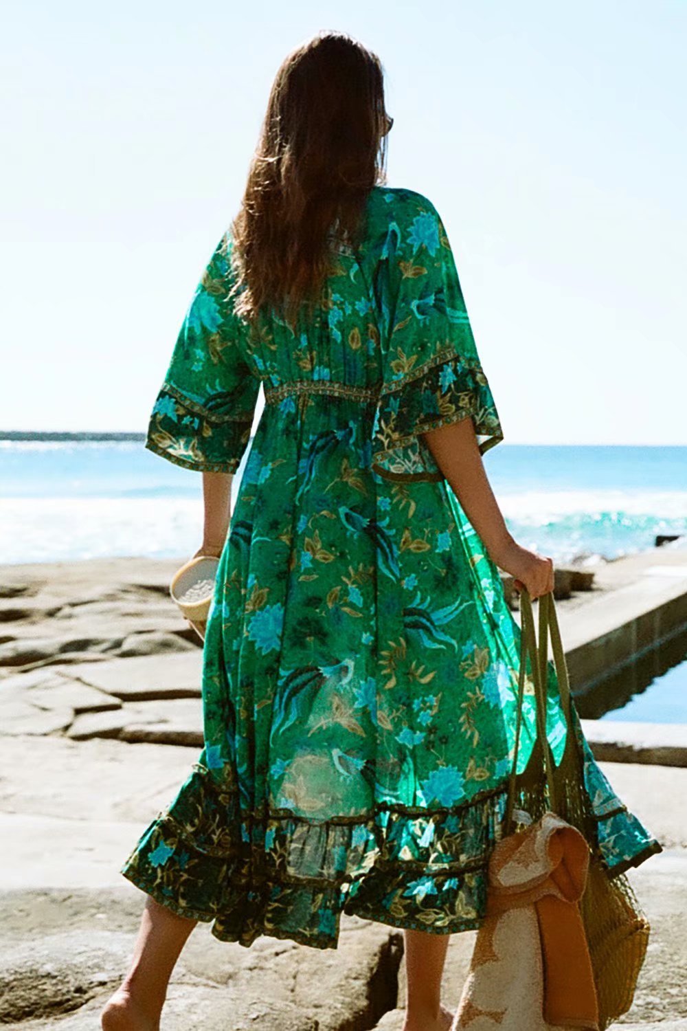 JuliaFashion-Flare Sleeve Bohemian Maxi Dress