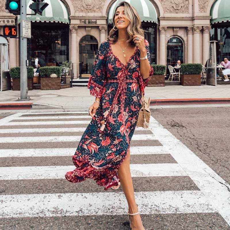 JuliaFashion-Flare Sleeve Bohemian Maxi Dress