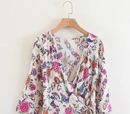 JuliaFashion-Floral Print Cotton Wrap Dress
