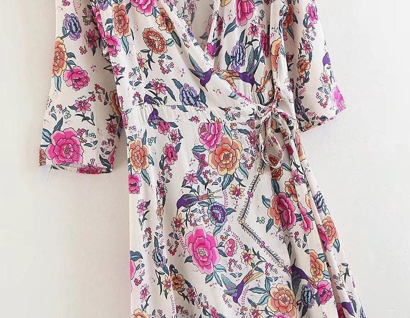 JuliaFashion-Floral Print Cotton Wrap Dress