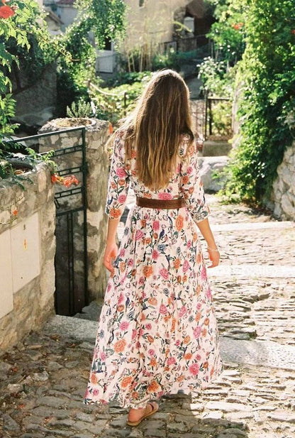 JuliaFashion-Floral Print Cotton Wrap Dress