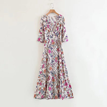 JuliaFashion-Floral Print Cotton Wrap Dress