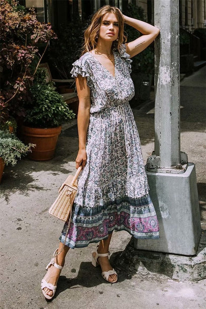 JuliaFashion-Floral Printed Sleeveless Midi Dress