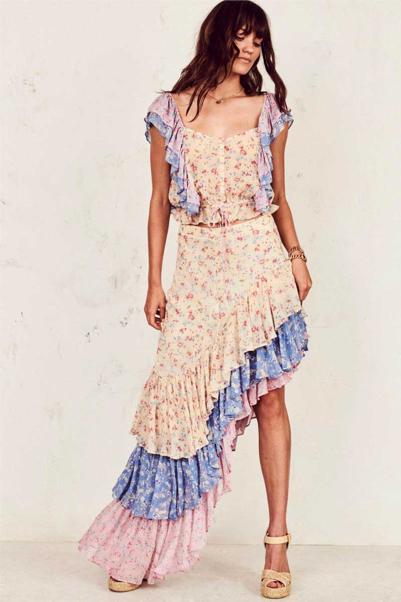 JuliaFashion-Gypsy Inspired Asymmetric Ruffled Skirt-Top Set